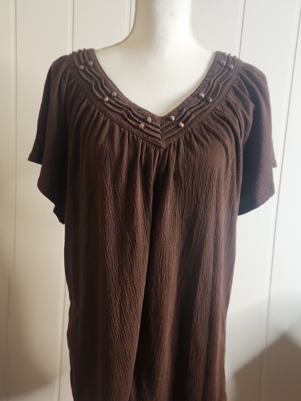 Y2K Gauzy Brown V-Neck Short Cap Sleeve Tunic with Bead Trim Boho Western
